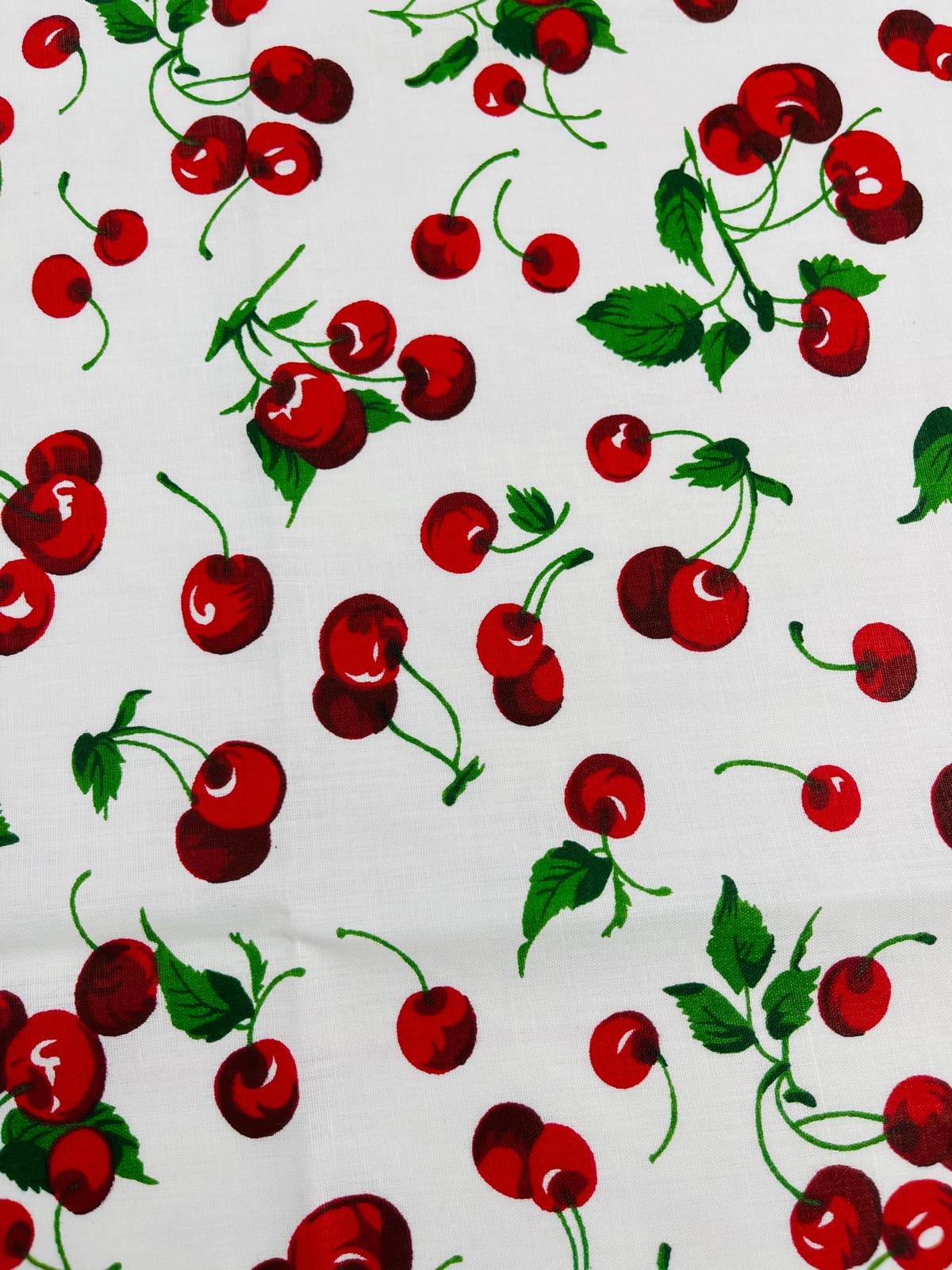 Poly Cotton Cherry Print Fabric - Black/White Cherry Fruit Print, 58-59" Width (1 Yard)