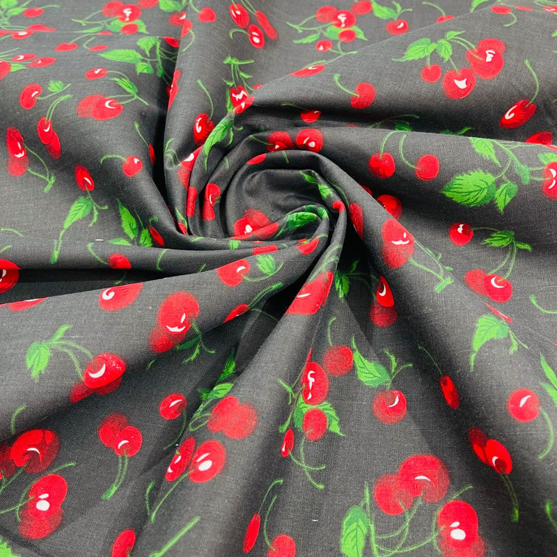 Poly Cotton Cherry Print Fabric - Black/White Cherry Fruit Print, 58-59" Width (1 Yard)