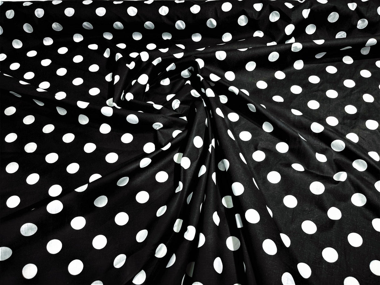 Poly Cotton Polka Dot Print Poly Cotton Fabric - Black Dot On Red, 58" Width (1 Yard)