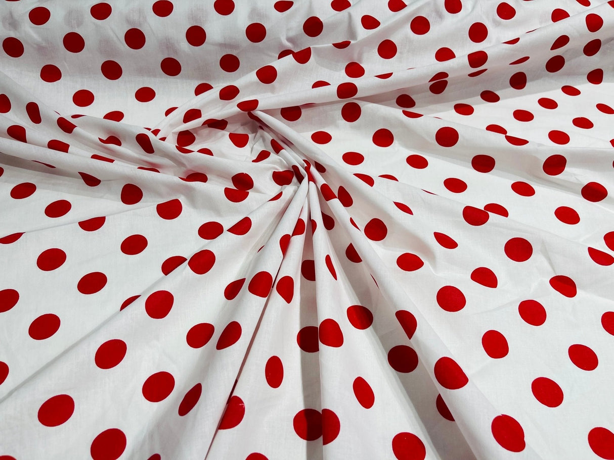 Poly Cotton Polka Dot Print Poly Cotton Fabric - Black Dot On Red, 58" Width (1 Yard)