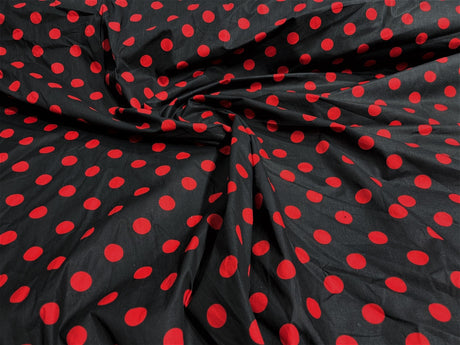 Poly Cotton Polka Dot Print Poly Cotton Fabric - Black Dot On Red, 58" Width (1 Yard)