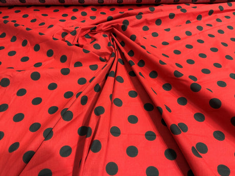 Poly Cotton Polka Dot Print Poly Cotton Fabric - Black Dot On Red, 58" Width (1 Yard)