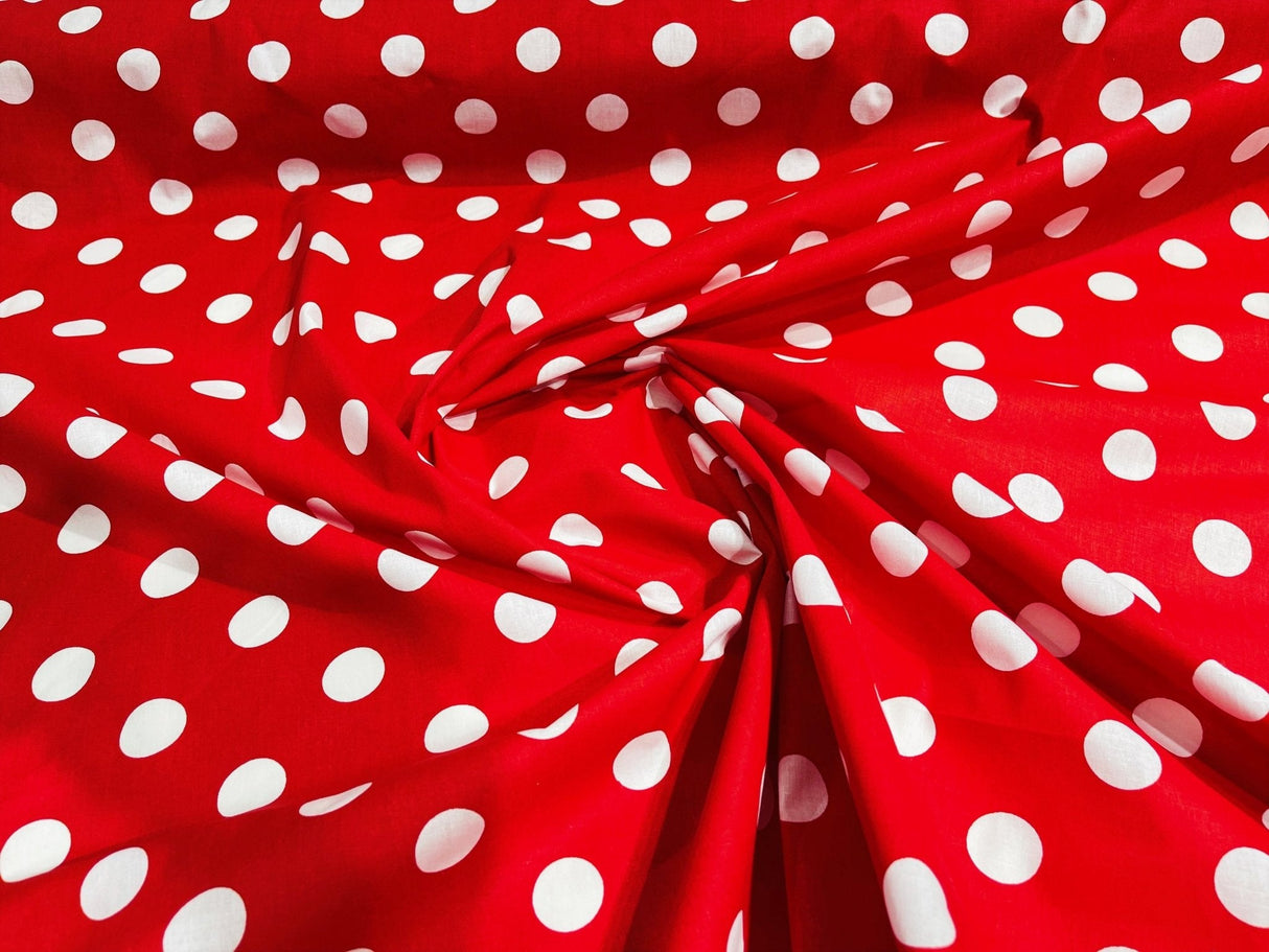 Poly Cotton Polka Dot Print Poly Cotton Fabric - Black Dot On Red, 58" Width (1 Yard)