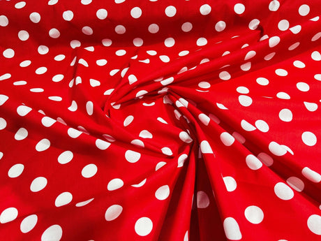 Poly Cotton Polka Dot Print Poly Cotton Fabric - Black Dot On Red, 58" Width (1 Yard)
