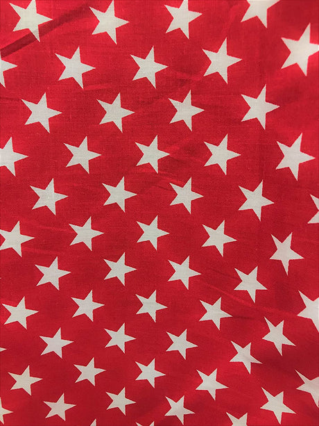 Poly Cotton Star Print Poly Cotton Fabric - Red Stars On White, 58" Width (1 Yard)