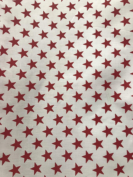 Poly Cotton Star Print Poly Cotton Fabric - Red Stars On White, 58" Width (1 Yard)