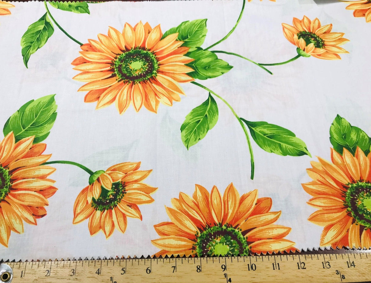 Poly Cotton Sun Flower Print Poly Cotton Fabric - Sunflower Print, 58-59" Width, Red, Royal Blue, White (1 Yard)
