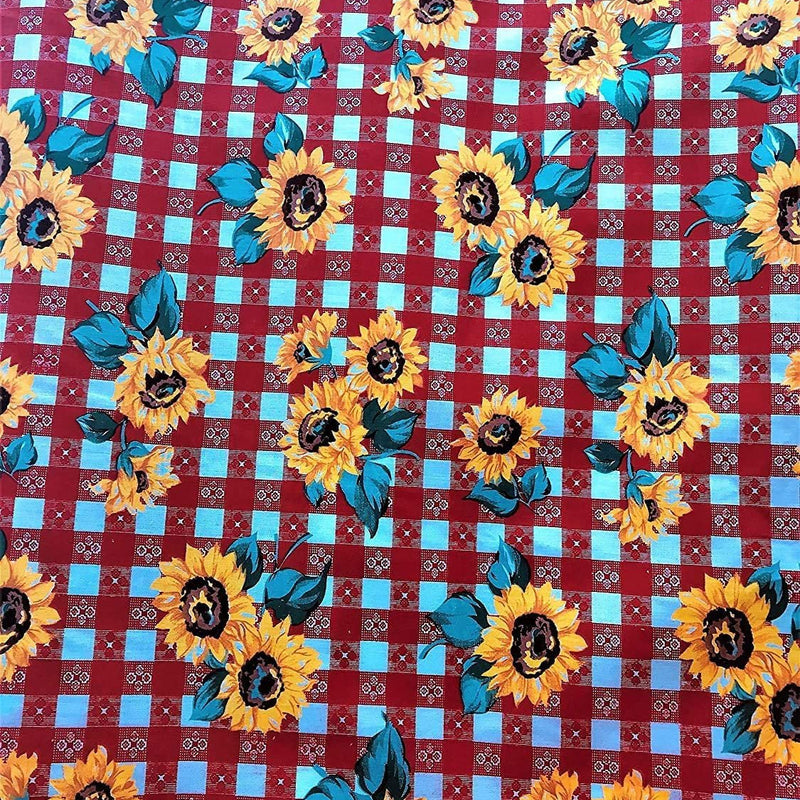 Poly Cotton Sun Flower Print Poly Cotton Fabric - Sunflower Print, 58-59" Width, Red, Royal Blue, White (1 Yard)