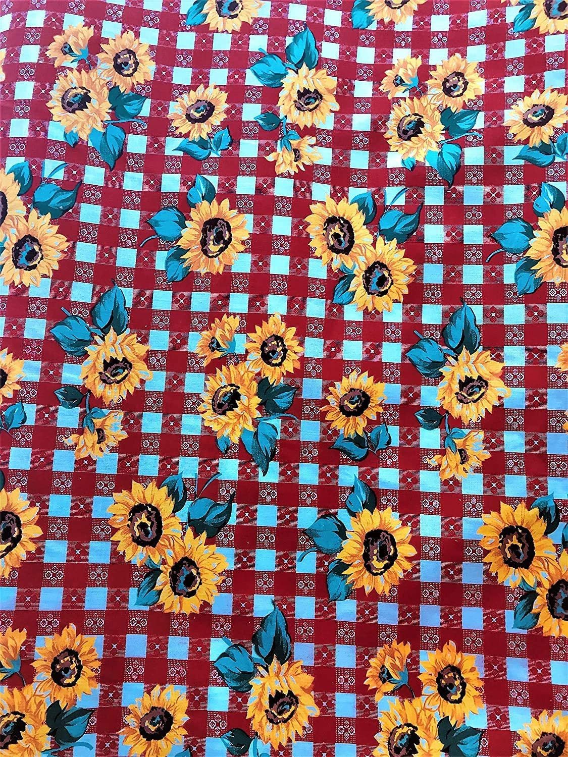 Poly Cotton Sun Flower Print Poly Cotton Fabric - Sunflower Print, 58-59" Width, Red, Royal Blue, White (1 Yard)