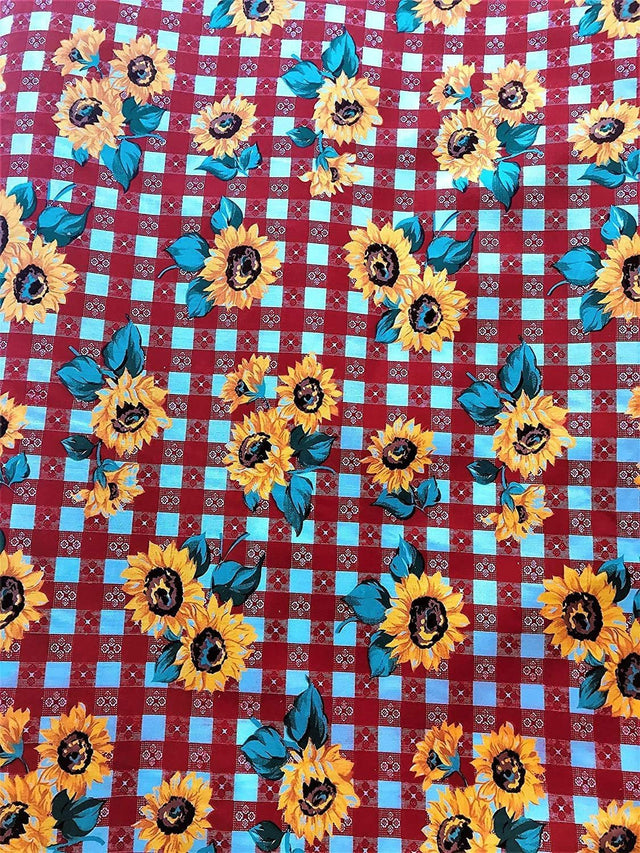 Poly Cotton Sun Flower Print Poly Cotton Fabric - Sunflower Print, 58-59" Width, Red, Royal Blue, White (1 Yard)