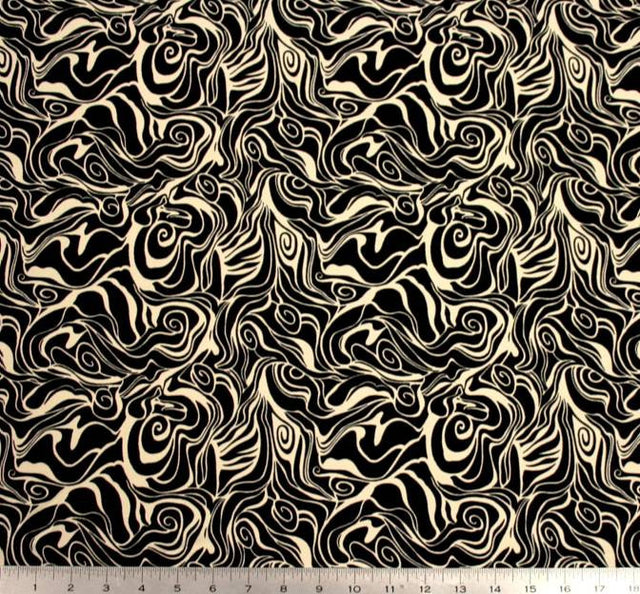 Wool Peach Polyester Fabric - Black/Ivory Print, 58/60" Width