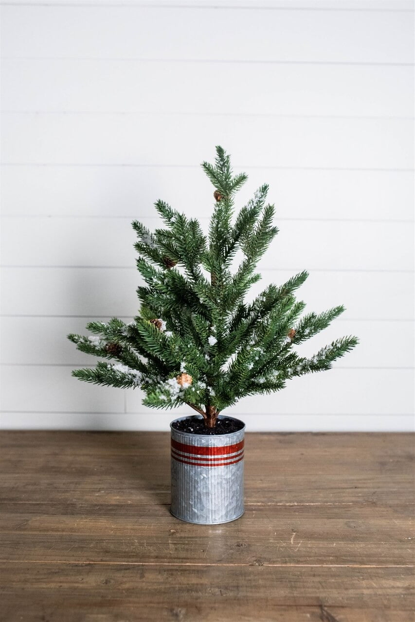 24 Inchi Farmhouse Potted Snowy Pine Tree Rustic Winter Holiday Décor
