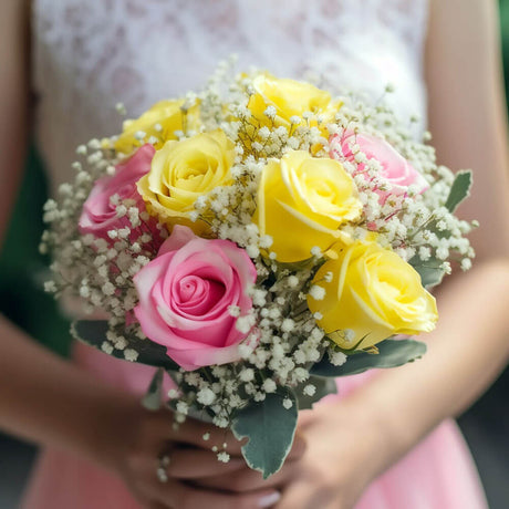 Yellow Pink Roses Bridesmaids Bouquets 3 Sets Fresh Flowers 19 Stems Each