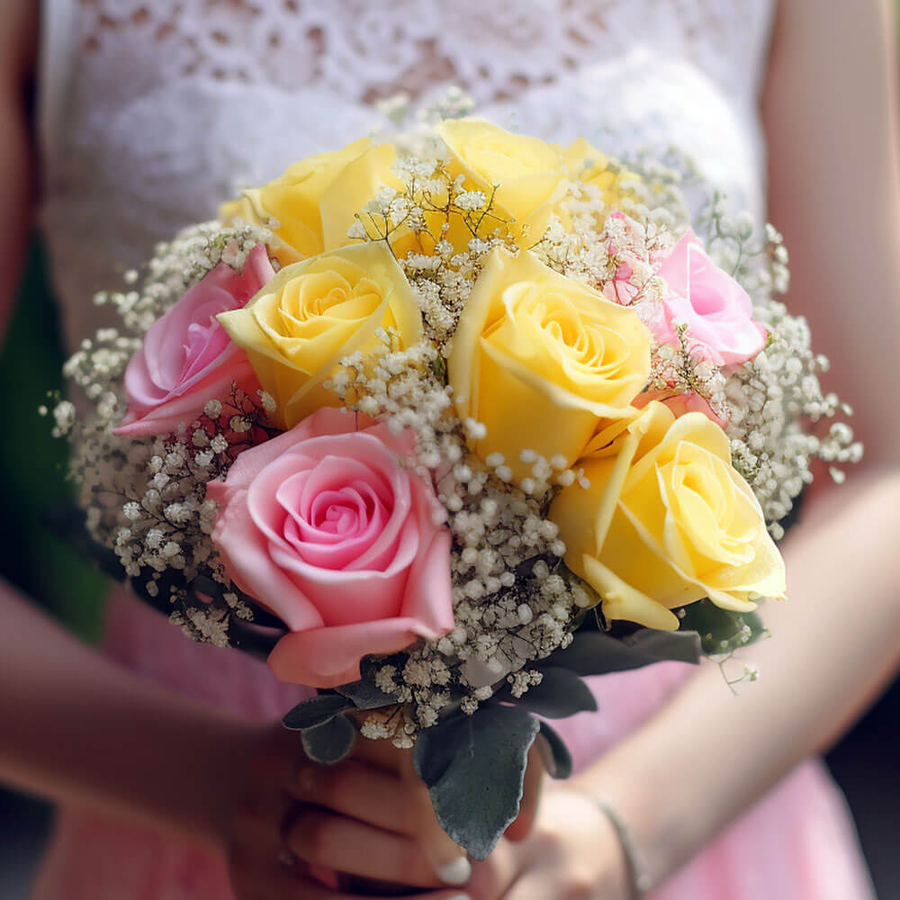 Yellow Pink Roses Bridesmaids Bouquets 3 Sets Fresh Flowers 19 Stems Each