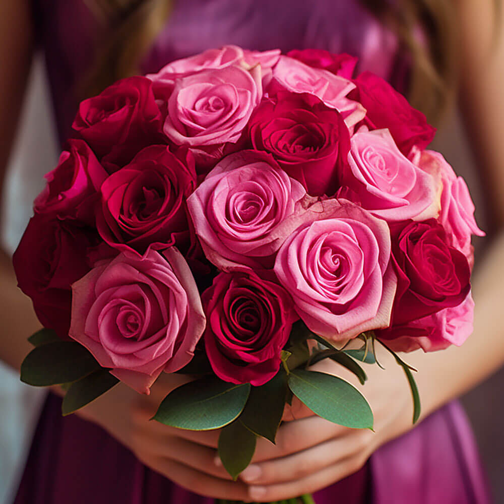 Fresh Dark Pink & Light Pink Roses Bridesmaids 3 bouquets with 28 Stems Each
