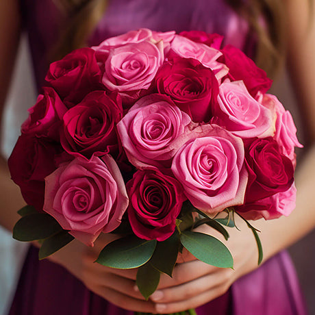 Fresh Dark Pink & Light Pink Roses Bridesmaids 3 bouquets with 28 Stems Each
