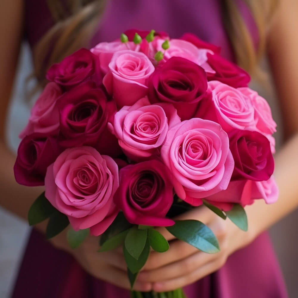 Fresh Dark Pink & Light Pink Roses Bridesmaids 3 bouquets with 28 Stems Each