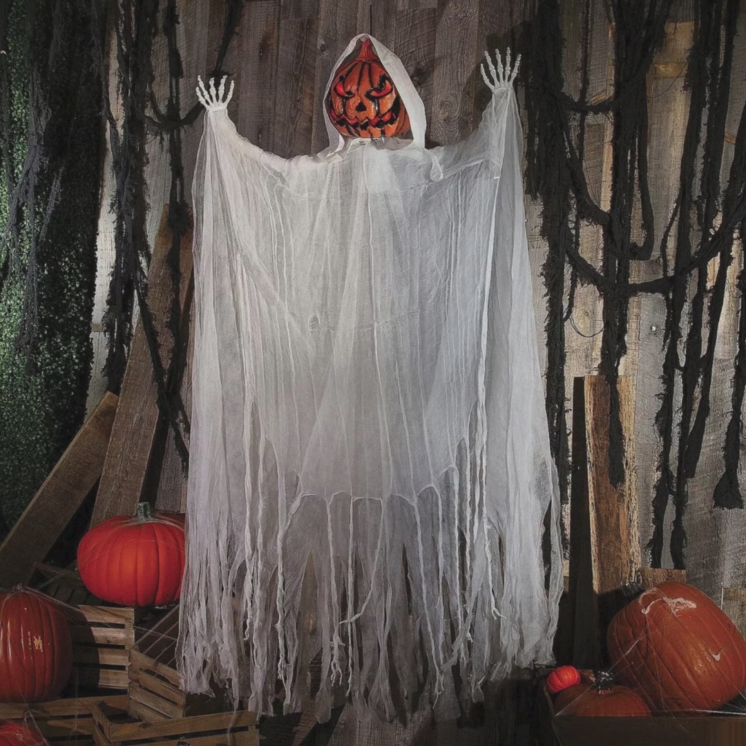 66 Inch Hanging Animated White Robe Pumpkin Man Halloween Decoration