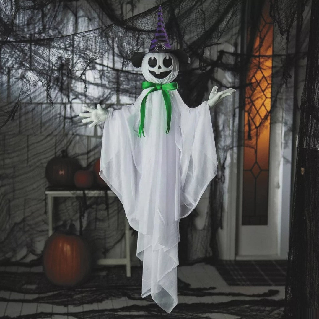 39 1/4" Animated Hanging Smiling Ghost with Witch Hat and Green Bow Halloween Decoration