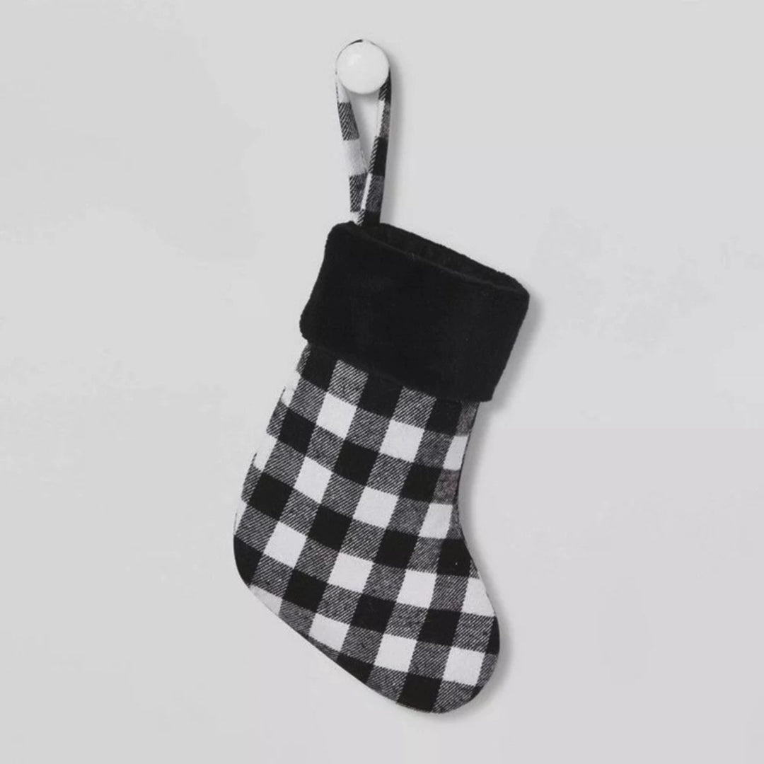 17 Inch Black And White Checkered Christmas Stocking Plush Fur Top Holiday Decoration