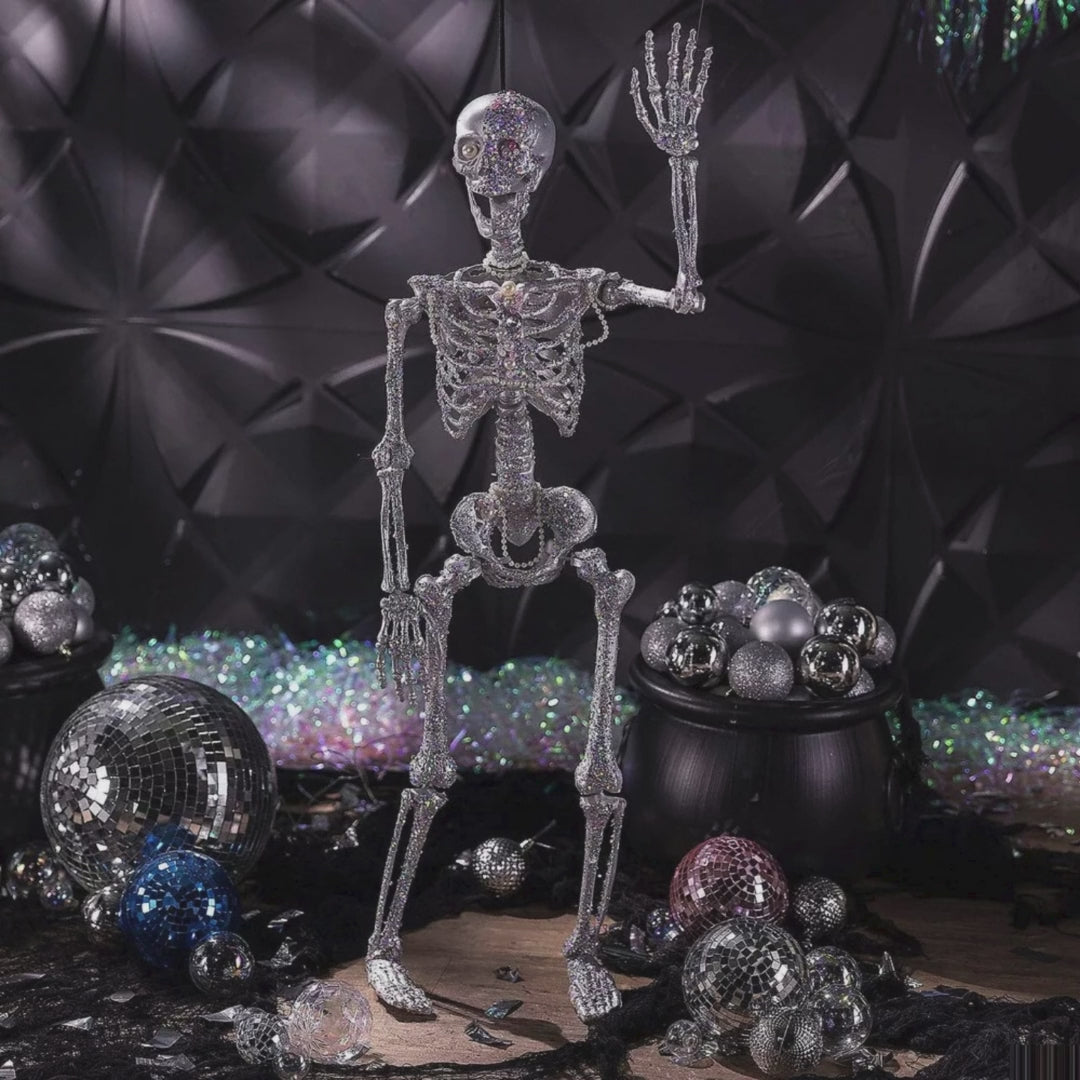 Hanging Silver Skeleton Halloween Decoration Encrusted with Multicolor Jewelry 35 1/2 Inch