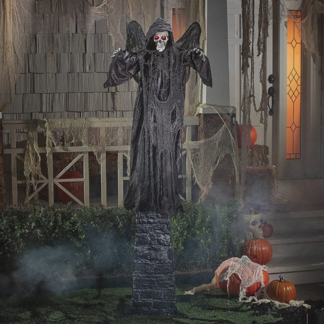 Animated Standing Skeletal Reaper with Wings – 33 1/2" x 74 3/4" Halloween Decoration