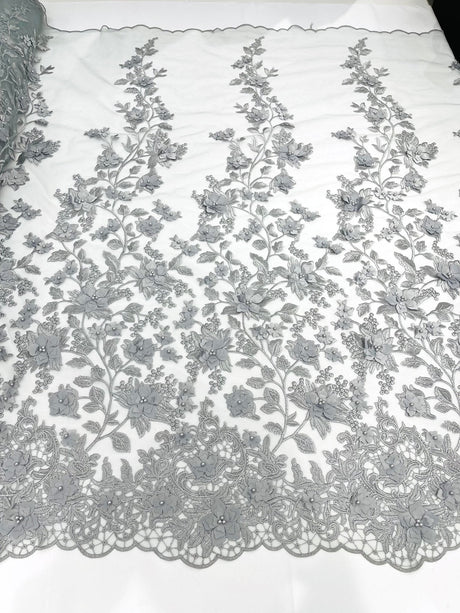 Princess 3D Floral Lace Polyester Fabric - Beaded Mesh Lace, 50" Width (1 Yard)