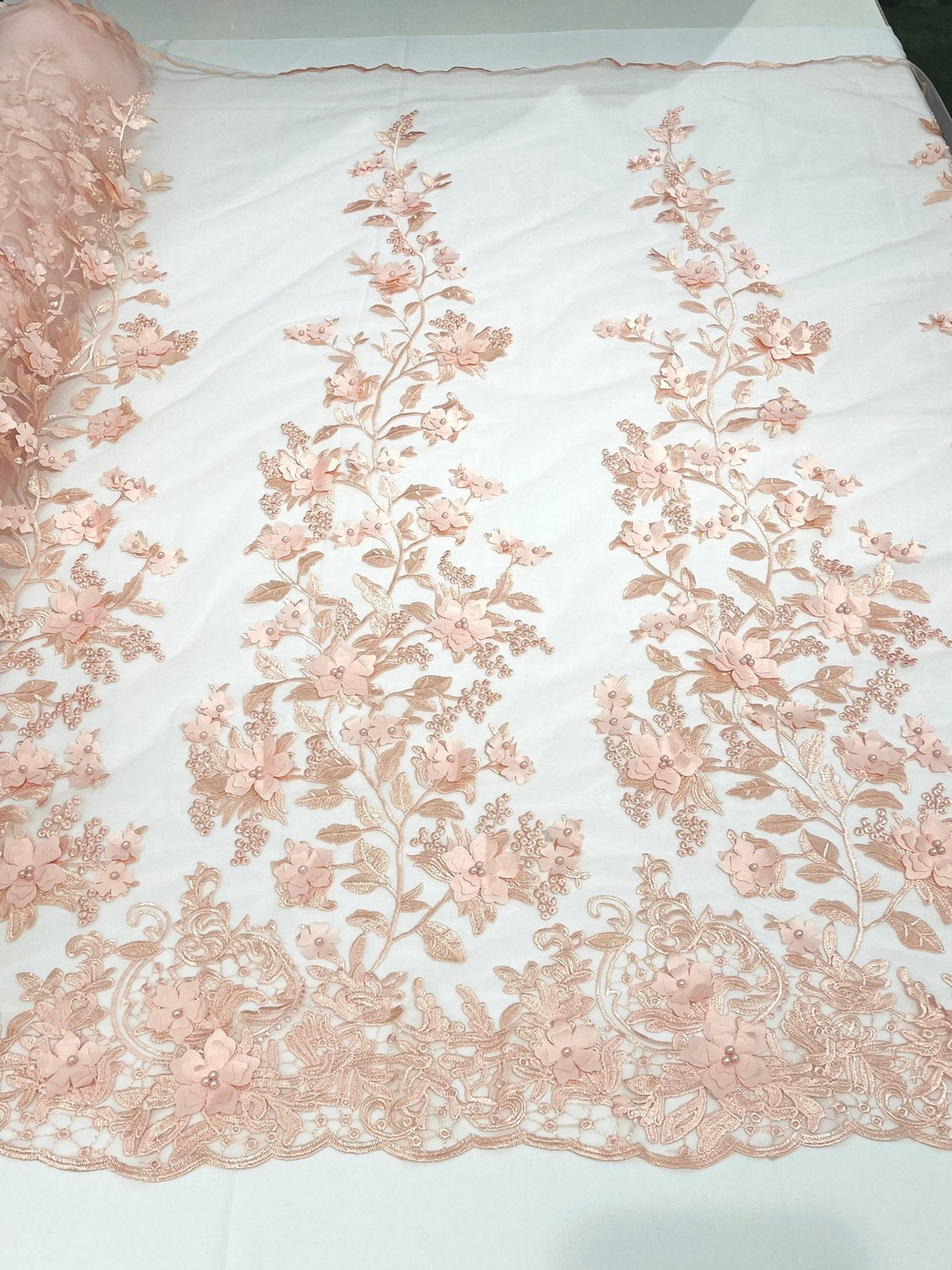 Princess 3D Floral Lace Polyester Fabric - Beaded Mesh Lace, 50" Width (1 Yard)