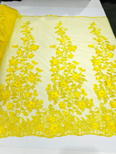 Princess 3D Floral Lace Polyester Fabric - Beaded Mesh Lace, 50" Width (1 Yard)