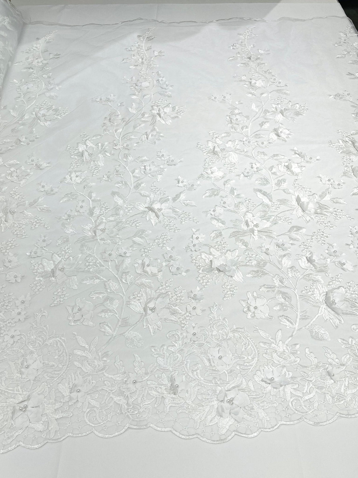 Princess 3D Floral Lace Polyester Fabric - Beaded Mesh Lace, 50" Width (1 Yard)