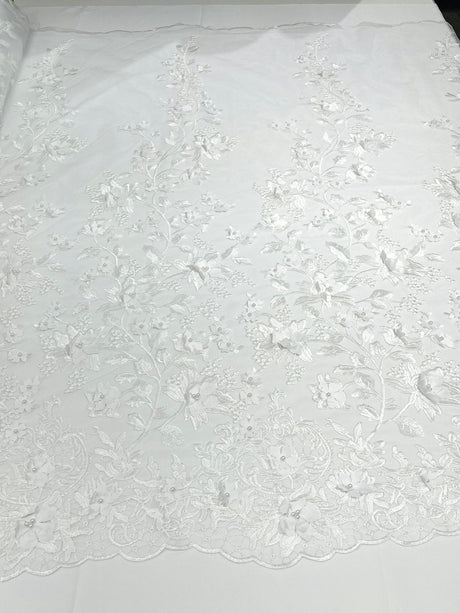 Princess 3D Floral Lace Polyester Fabric - Beaded Mesh Lace, 50" Width (1 Yard)