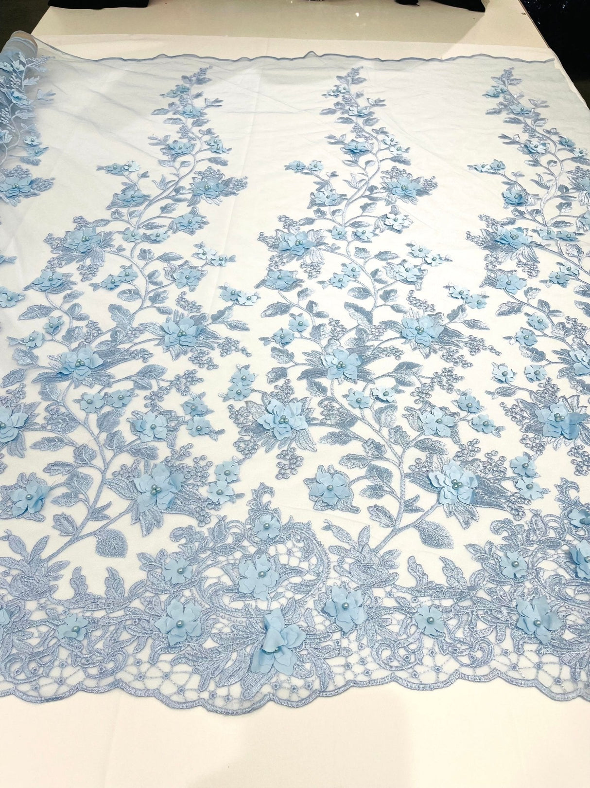 Princess 3D Floral Lace Polyester Fabric - Beaded Mesh Lace, 50" Width (1 Yard)