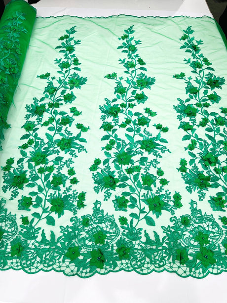 Princess 3D Floral Lace Polyester Fabric - Beaded Mesh Lace, 50" Width (1 Yard)