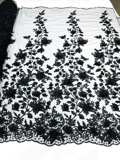 Princess 3D Floral Lace Polyester Fabric - Beaded Mesh Lace, 50" Width (1 Yard)