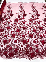 Princess 3D Floral Lace Polyester Fabric - Beaded Mesh Lace, 50" Width (1 Yard)