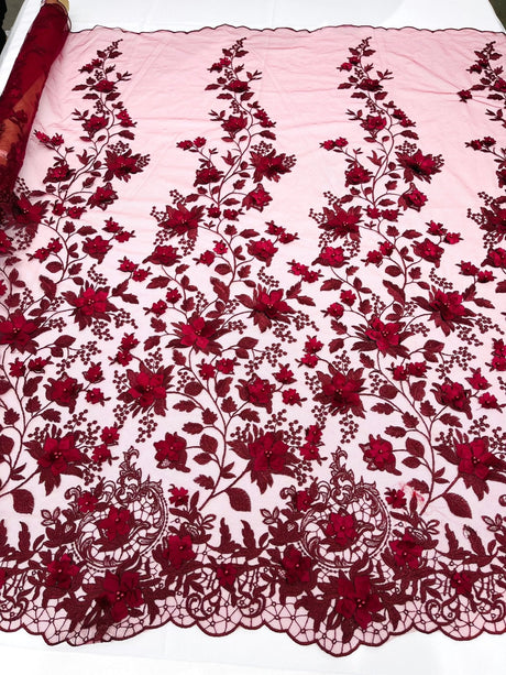 Princess 3D Floral Lace Polyester Fabric - Beaded Mesh Lace, 50" Width (1 Yard)