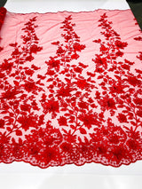 Princess 3D Floral Lace Polyester Fabric - Beaded Mesh Lace, 50" Width (1 Yard)