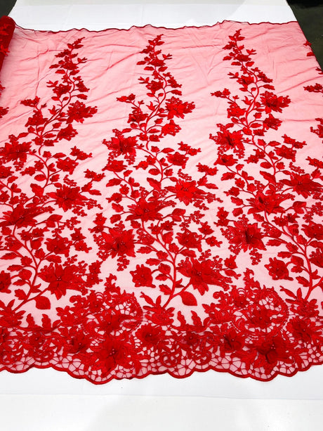 Princess 3D Floral Lace Polyester Fabric - Beaded Mesh Lace, 50" Width (1 Yard)
