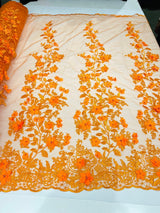 Princess 3D Floral Lace Polyester Fabric - Beaded Mesh Lace, 50" Width (1 Yard)