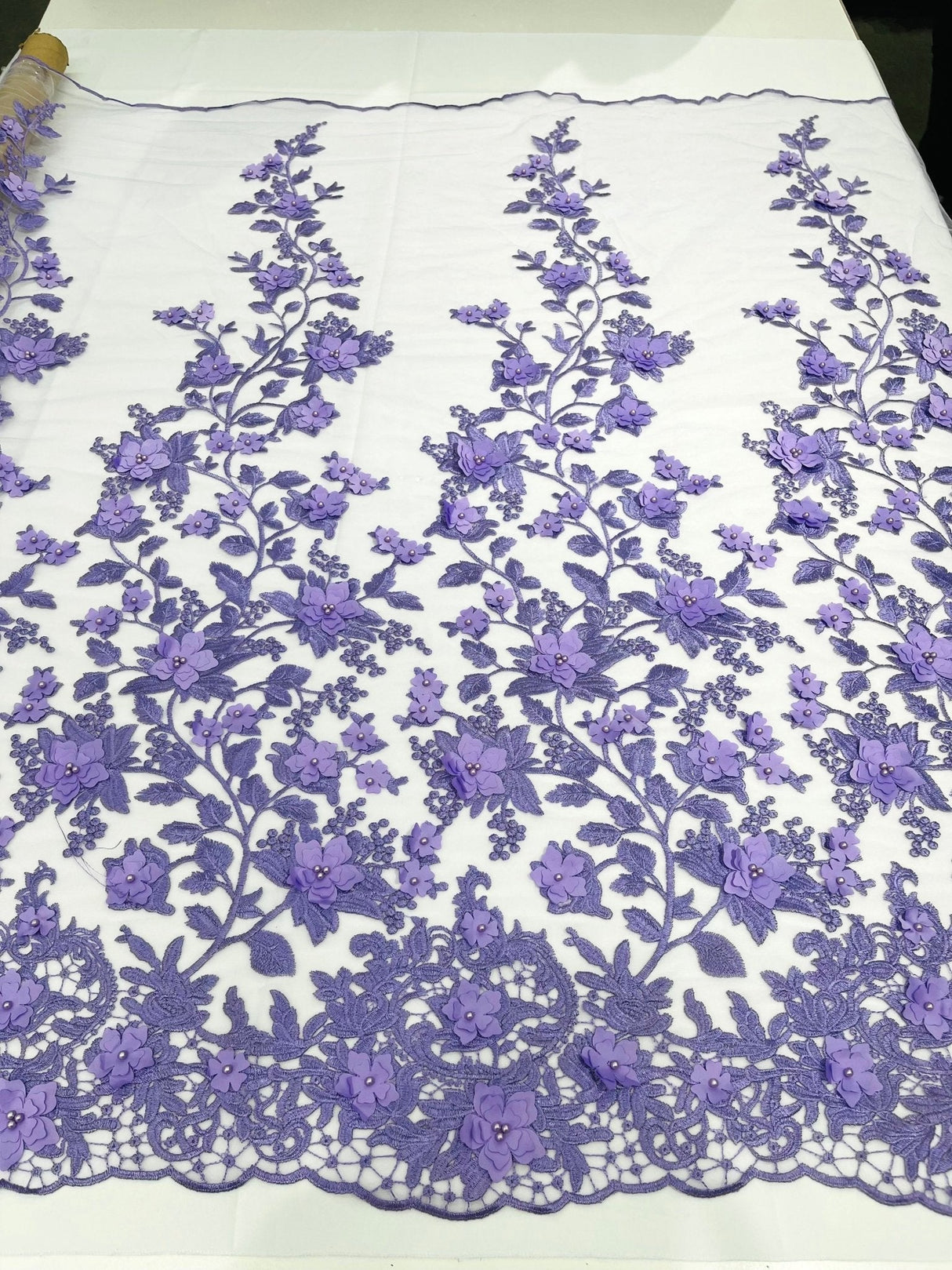 Princess 3D Floral Lace Polyester Fabric - Beaded Mesh Lace, 50" Width (1 Yard)