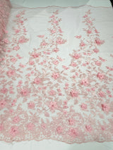 Princess 3D Floral Lace Polyester Fabric - Beaded Mesh Lace, 50" Width (1 Yard)