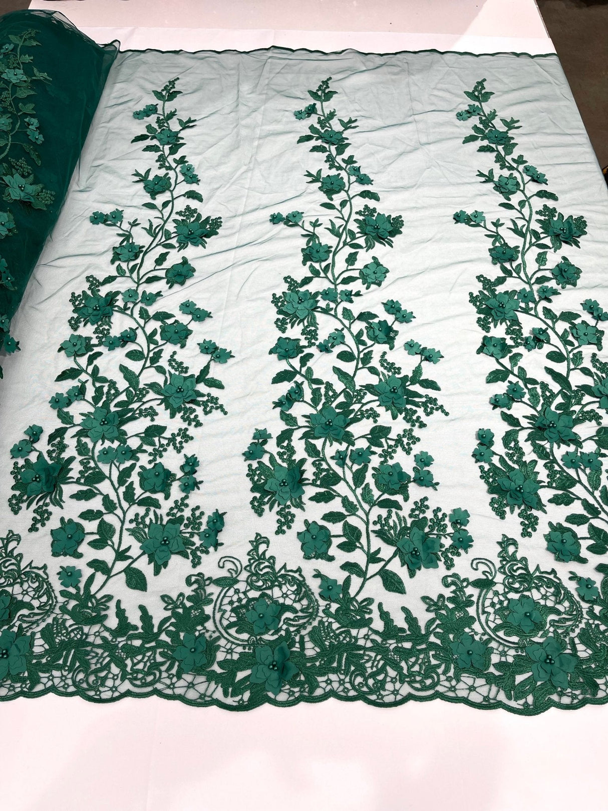 Princess 3D Floral Lace Polyester Fabric - Beaded Mesh Lace, 50" Width (1 Yard)