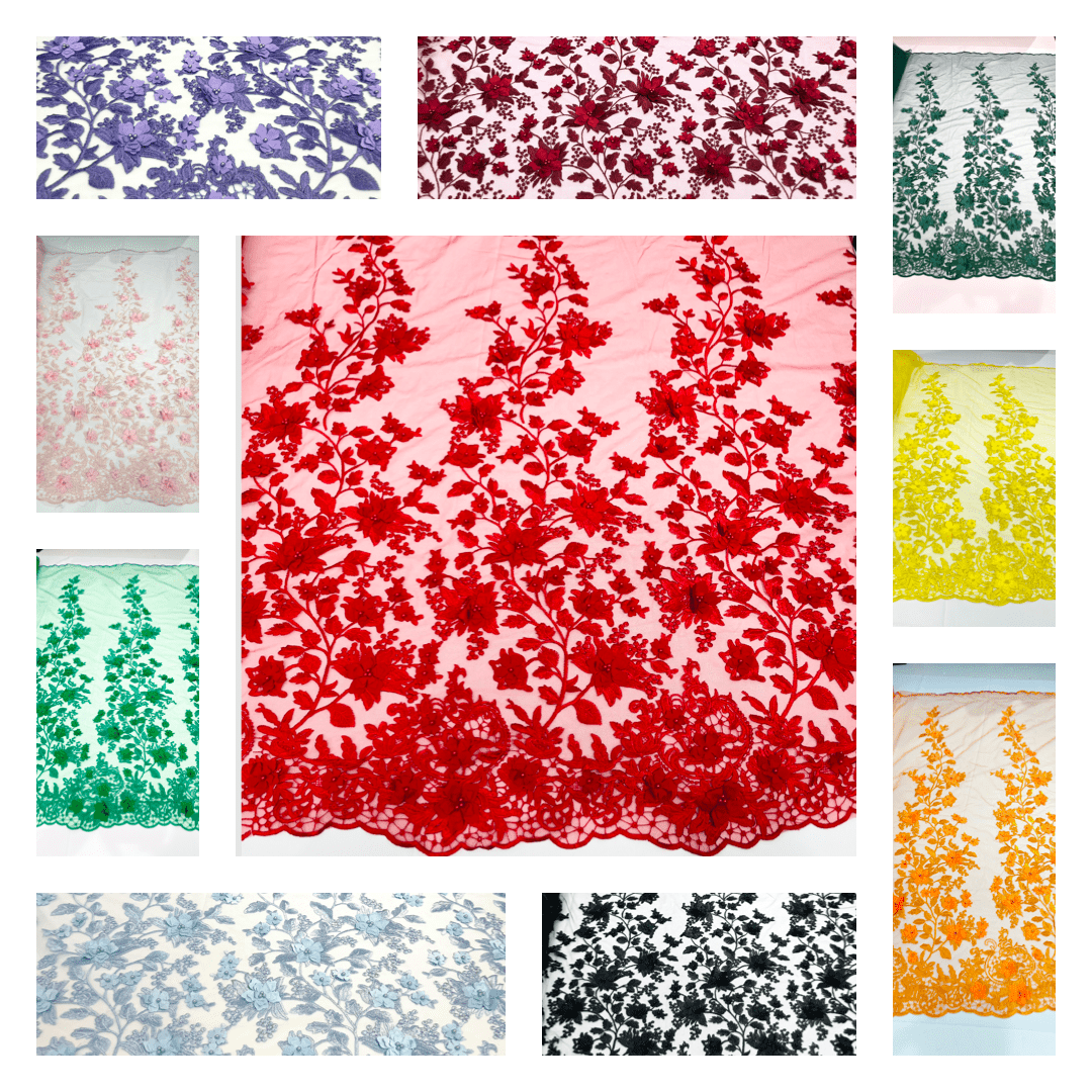 Princess 3D Floral Lace Polyester Fabric - Beaded Mesh Lace, 50" Width (1 Yard)