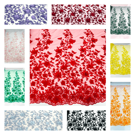 Princess 3D Floral Lace Polyester Fabric - Beaded Mesh Lace, 50" Width (1 Yard)