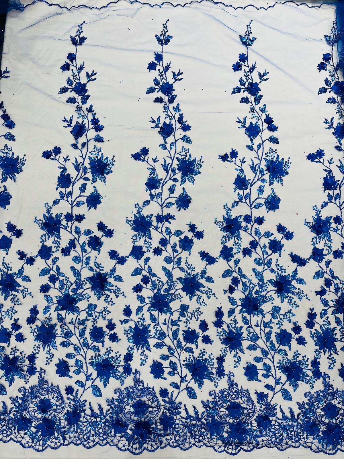 Princess Glitter 3D Floral Design Lace Polyester Fabric - Double Scallop, Mesh Lace, 54" Width (1 Yard)