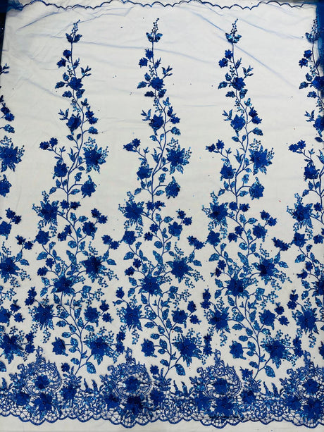 Princess Glitter 3D Floral Design Lace Polyester Fabric - Double Scallop, Mesh Lace, 54" Width (1 Yard)