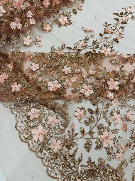 Princess Glitter 3D Floral Design Lace Polyester Fabric - Double Scallop, Mesh Lace, 54" Width (1 Yard)