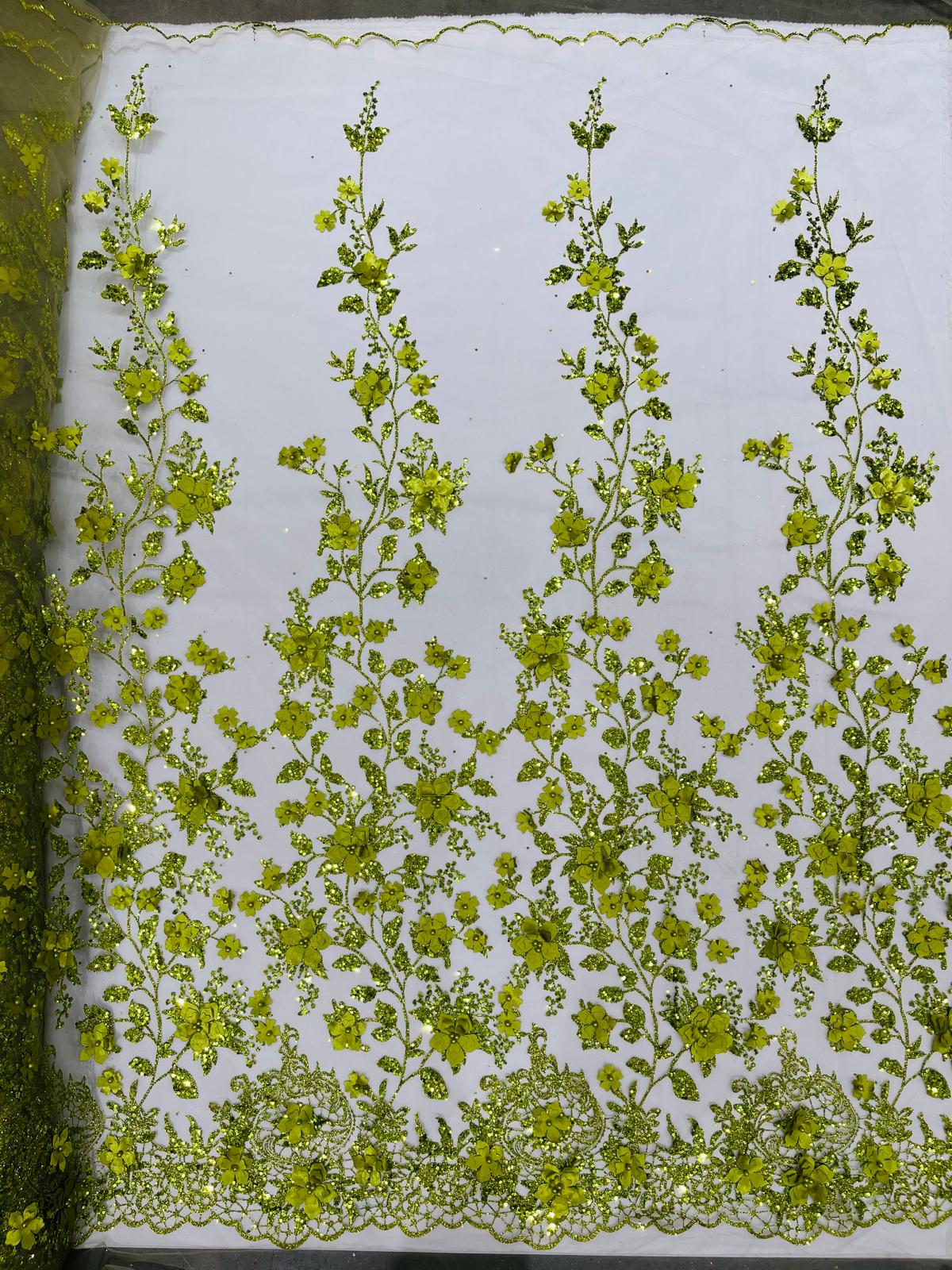 Princess Glitter 3D Floral Design Lace Polyester Fabric - Double Scallop, Mesh Lace, 54" Width (1 Yard)
