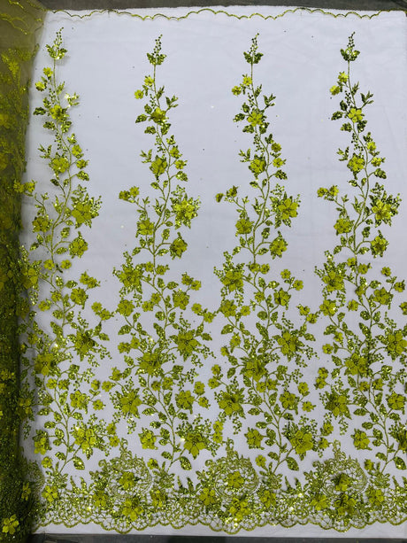 Princess Glitter 3D Floral Design Lace Polyester Fabric - Double Scallop, Mesh Lace, 54" Width (1 Yard)