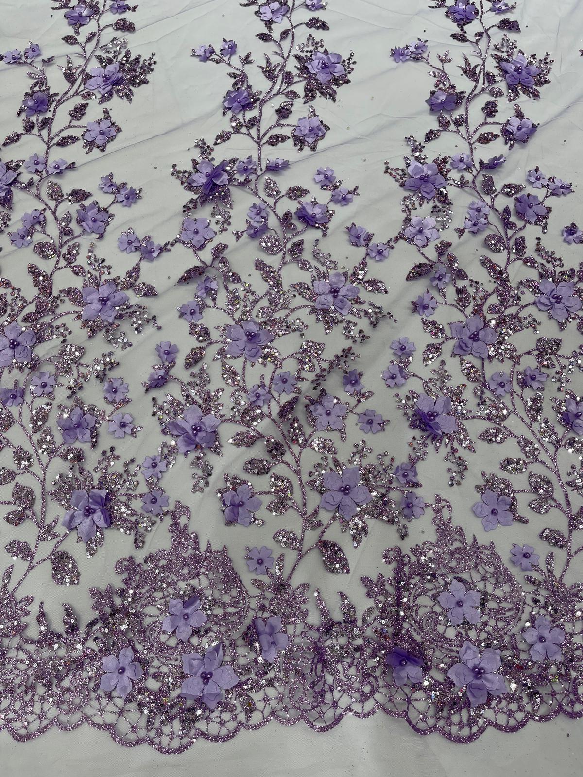 Princess Glitter 3D Floral Design Lace Polyester Fabric - Double Scallop, Mesh Lace, 54" Width (1 Yard)